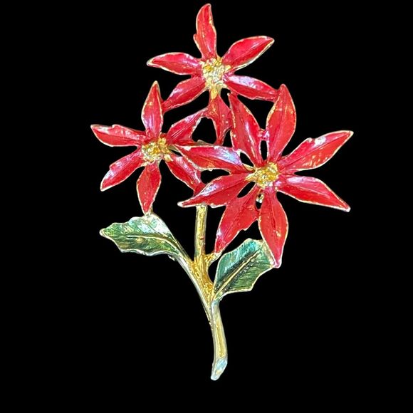 Vintage Oversized Red Enamel Christmas Holiday Poinsettia Flower Pin Brooch - Picture 1 of 4